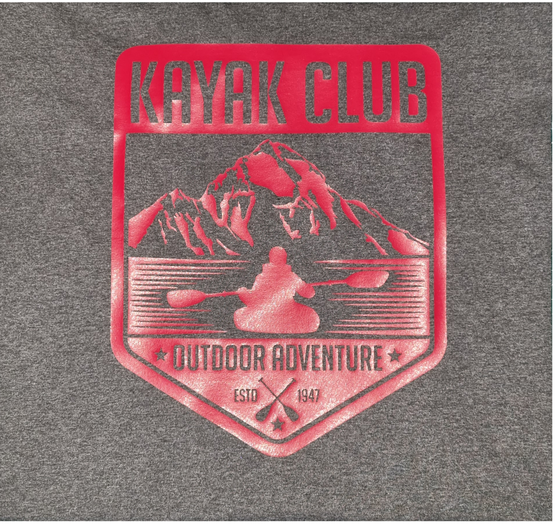 Grey t-shirt with a red graphic of a person kayaking in front of a mountain, Kayak Club Outdoor Adventure