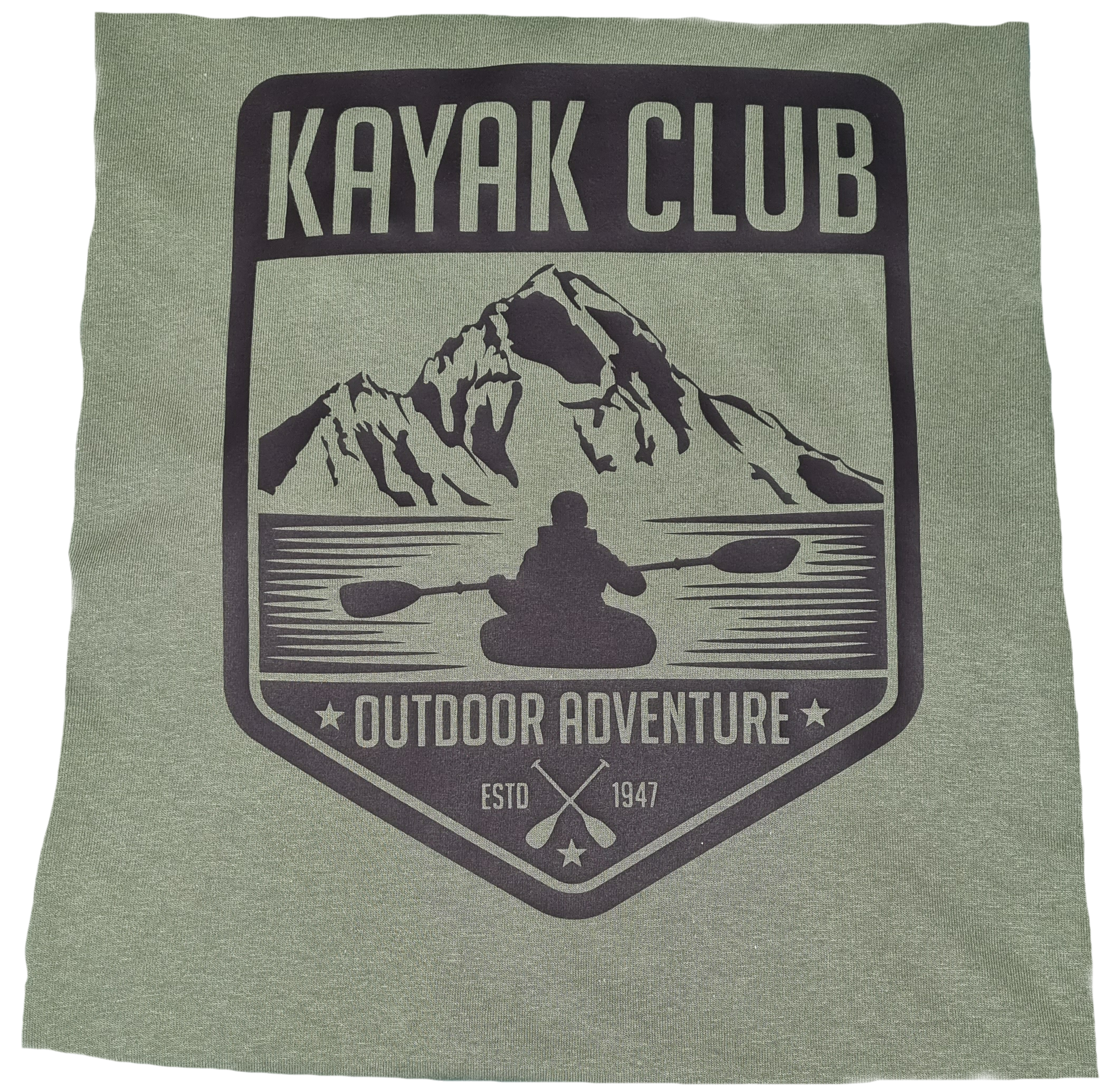 Olive green t-shirt with a black graphic of a person kayaking in front of a mountain, Kayak Club Outdoor Adventure